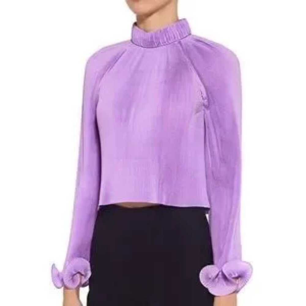 Tibi Lavender Pleated Mock-Neck Blouse